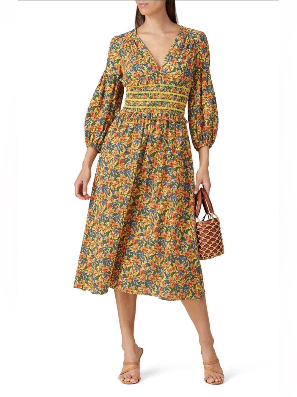 Shoshanna~Ari Floral Smocked Waist V-Neck Midi Dress in Yellow~Size 4~$418~